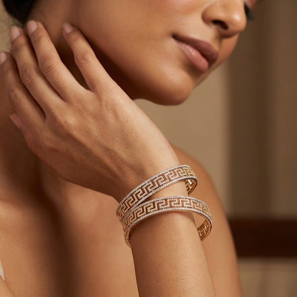 Greek Key Diamond Gold Bangles