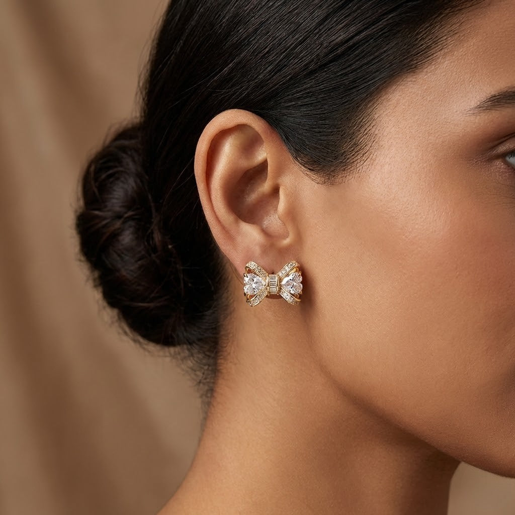 Golden Bow Sparkle Stud Earrings