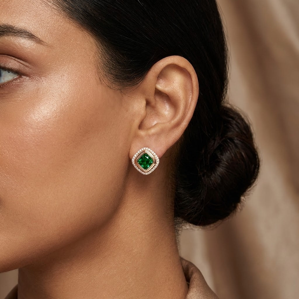 Emerald Aura Diamond Stud Earrings