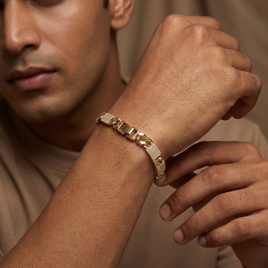 Mens Luxury Gold-Tone Paved Link Bracelet