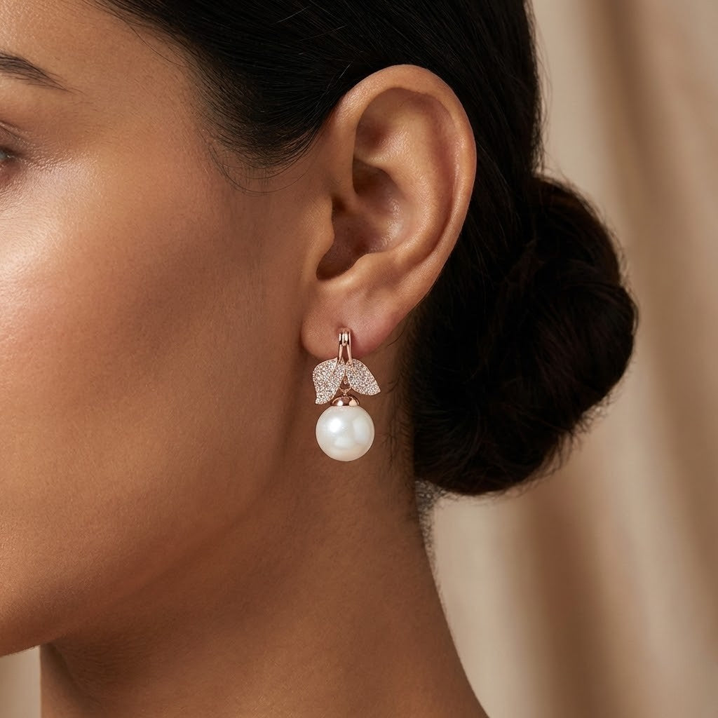 Golden Leaf Pearl Drop Earrings