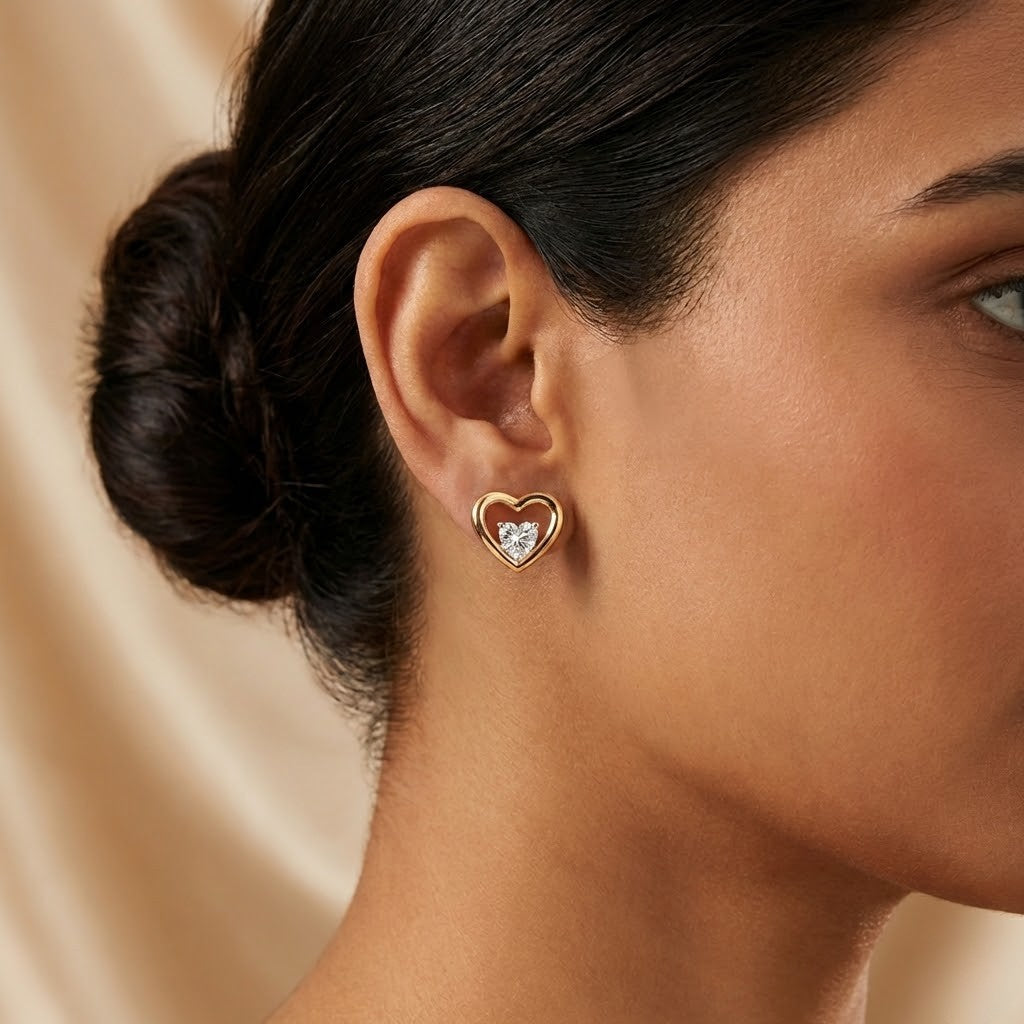 Golden Heart Sparkle Stud Earrings