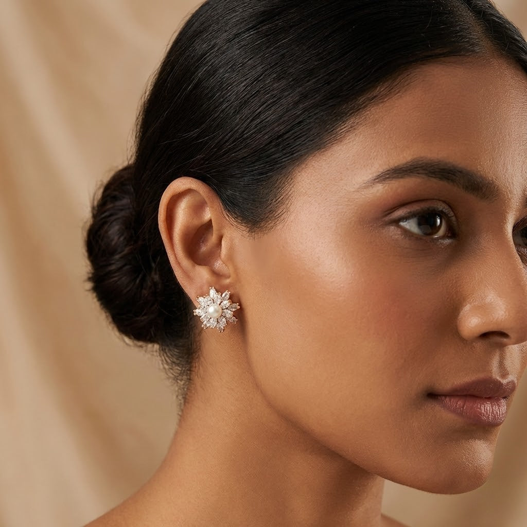 Pearl Blossom Crystal Stud Earrings